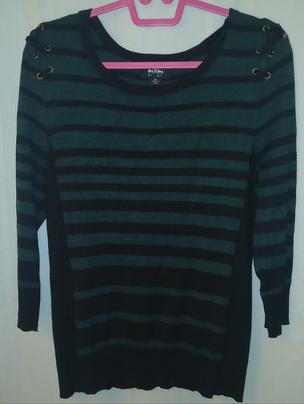 By & By Black and Dark Green Striped 3/4 Long Sleeve Shirt, Size XL Women's